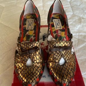 Miss L Fire Cleopatra Red & Brown Leather with gold foil detail & small bow